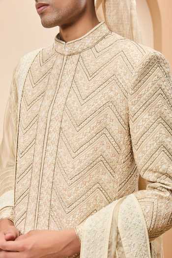 Buy_Sarab Khanijou_Gold Silk Embroidery, Sequins, Pearls, Zari Raw Geometric Pattern Sherwani Set _Online_at_Aza_Fashions