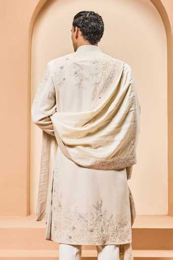 Shop_Sarab Khanijou_Ivory Silk Sequins, Pearls Matka Embridered Sherwani Set _at_Aza_Fashions