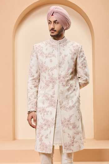 Sarab Khanijou_Pink Silk Embroidery, Sequins, Pearls Matka Sherwani Set _Online_at_Aza_Fashions