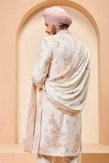 Shop_Sarab Khanijou_Pink Silk Embroidery, Sequins, Pearls Matka Sherwani Set _at_Aza_Fashions