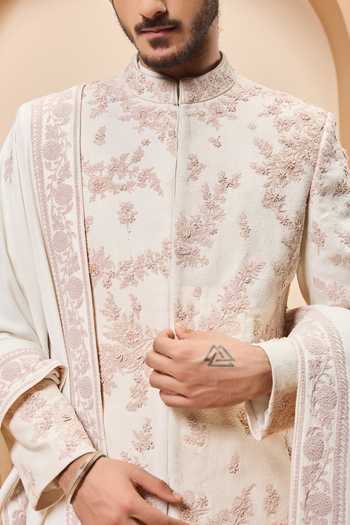 Buy_Sarab Khanijou_Pink Silk Embroidery, Sequins, Pearls Matka Sherwani Set _Online_at_Aza_Fashions