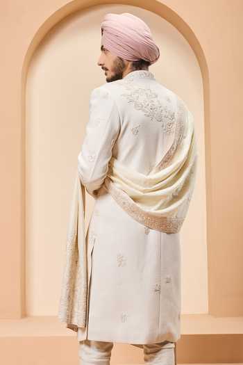 Shop_Sarab Khanijou_Ivory Silk Embroidery, Sequins Raw Sherwani Set _at_Aza_Fashions