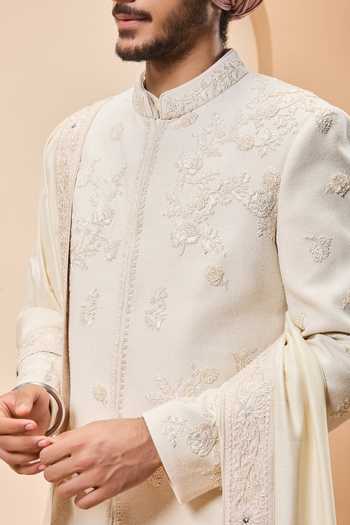 Sarab Khanijou_Ivory Silk Embroidery, Sequins Raw Sherwani Set _Online_at_Aza_Fashions