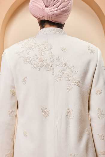 Buy_Sarab Khanijou_Ivory Silk Embroidery, Sequins Raw Sherwani Set _Online_at_Aza_Fashions