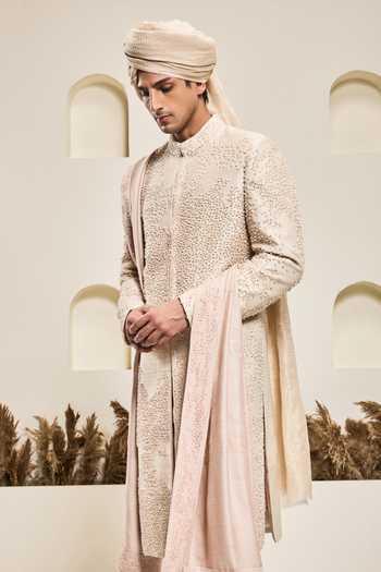 Sarab Khanijou_Pink Silk Beads, Pearls, Embroidery Raw Sherwani Set _Online_at_Aza_Fashions