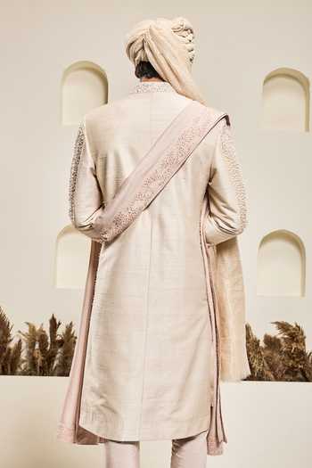 Shop_Sarab Khanijou_Pink Silk Beads, Pearls, Embroidery Raw Sherwani Set _at_Aza_Fashions