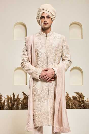 Buy_Sarab Khanijou_Pink Silk Beads, Pearls, Embroidery Raw Sherwani Set _at_Aza_Fashions