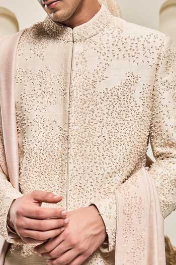 Buy_Sarab Khanijou_Pink Silk Beads, Pearls, Embroidery Raw Sherwani Set _Online_at_Aza_Fashions