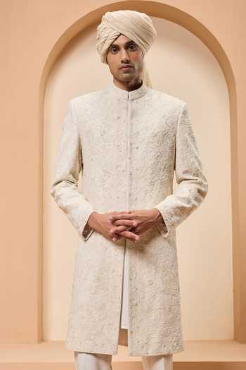 Buy_Sarab Khanijou_Ivory Silk Embroidery, Sequins, Pearls Tonal Matka Sherwani Set _at_Aza_Fashions