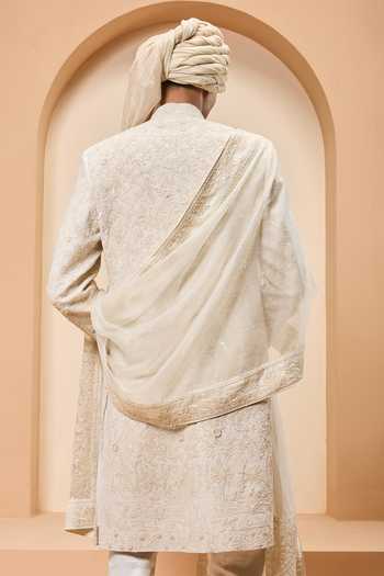 Shop_Sarab Khanijou_Ivory Silk Embroidery, Sequins, Pearls Tonal Matka Sherwani Set _at_Aza_Fashions