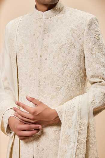 Buy_Sarab Khanijou_Ivory Silk Embroidery, Sequins, Pearls Tonal Matka Sherwani Set _Online_at_Aza_Fashions
