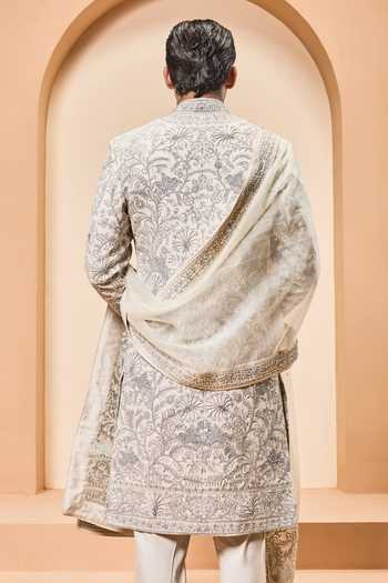 Shop_Sarab Khanijou_Ivory Silk Sequins, Pearls, Zari, Embroidery Matka Sherwani Set _at_Aza_Fashions