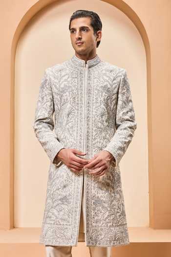 Sarab Khanijou_Ivory Silk Sequins, Pearls, Zari, Embroidery Matka Sherwani Set _Online_at_Aza_Fashions