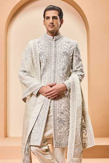 Buy_Sarab Khanijou_Ivory Silk Sequins, Pearls, Zari, Embroidery Matka Sherwani Set _at_Aza_Fashions