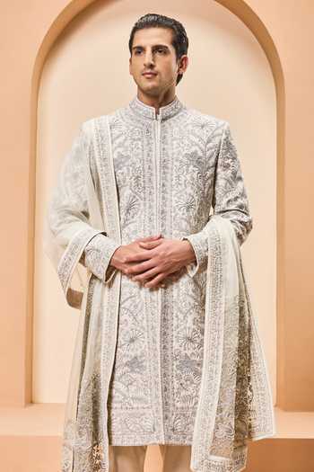 Buy_Sarab Khanijou_Ivory Silk Sequins, Pearls, Zari, Embroidery Matka Sherwani Set _Online_at_Aza_Fashions