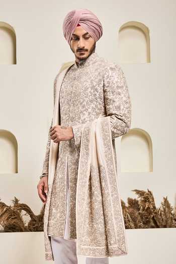 Shop_Sarab Khanijou_Pink Silk Embroidery, Sequins, Pearls, Zari Floral Raw Sherwani Set _at_Aza_Fashions