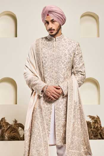Buy_Sarab Khanijou_Pink Silk Embroidery, Sequins, Pearls, Zari Floral Raw Sherwani Set _at_Aza_Fashions