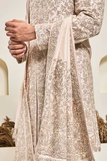 Sarab Khanijou_Pink Silk Embroidery, Sequins, Pearls, Zari Floral Raw Sherwani Set _Online_at_Aza_Fashions