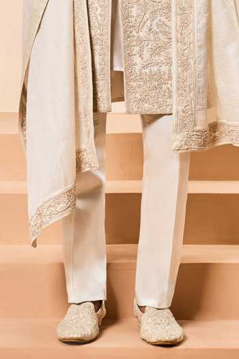 Sarab Khanijou_Ivory Silk Sequins, Pearls, Zari Raw Embroidered Sherwani Set _Online_at_Aza_Fashions