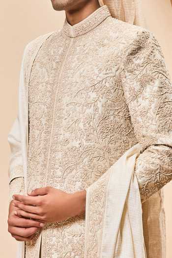 Shop_Sarab Khanijou_Ivory Silk Sequins, Pearls, Zari Raw Embroidered Sherwani Set _Online_at_Aza_Fashions
