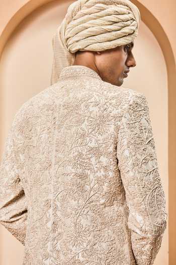 Shop_Sarab Khanijou_Ivory Silk Sequins, Pearls, Zari Raw Embroidered Sherwani Set _at_Aza_Fashions