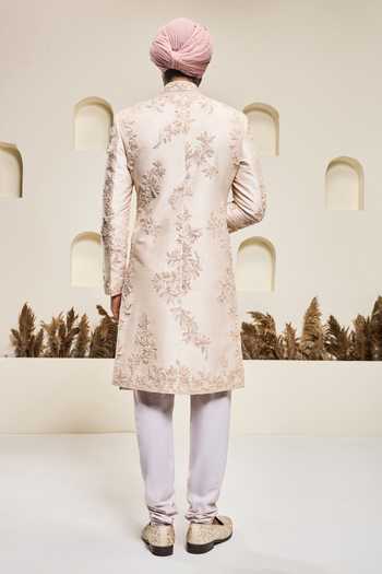 Shop_Sarab Khanijou_Pink Silk Sequins, Beads, Pearls, Cut Work Raw Vine Embroidered Sherwani Set _at_Aza_Fashions