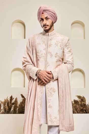 Buy_Sarab Khanijou_Pink Silk Sequins, Beads, Pearls, Cut Work Raw Vine Embroidered Sherwani Set _at_Aza_Fashions