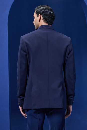 Shop_Sarab Khanijou_Navy Suiting Bandhgala And Trouser Set _at_Aza_Fashions
