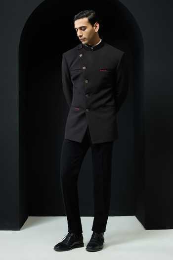 Buy_Sarab Khanijou_Black Suiting Asymmetric Buttoned Bandhgala And Trouser Set _at_Aza_Fashions