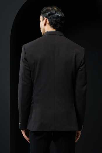 Shop_Sarab Khanijou_Black Suiting Asymmetric Buttoned Bandhgala And Trouser Set _at_Aza_Fashions