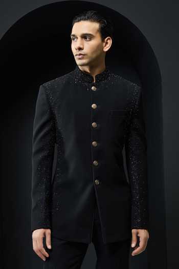Buy_Sarab Khanijou_Black Sequins, Pearls Sandwash Bandhgala And Pant Set _at_Aza_Fashions