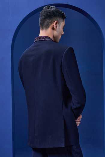 Shop_Sarab Khanijou_Navy Suiting Sequins, Cut Work Self Bandhgala And Trouser Set _at_Aza_Fashions