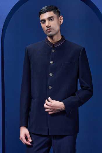 Buy_Sarab Khanijou_Navy Suiting Sequins, Cut Work Self Bandhgala And Trouser Set _at_Aza_Fashions