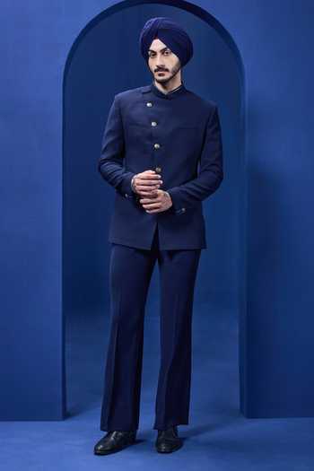 Buy_Sarab Khanijou_Navy Suiting Piping Tailored Bandhgala And Trouser Set _at_Aza_Fashions