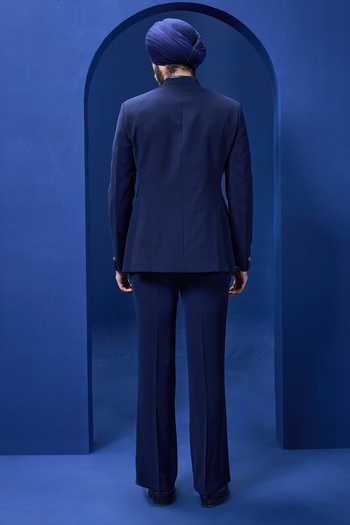 Shop_Sarab Khanijou_Navy Suiting Piping Tailored Bandhgala And Trouser Set _at_Aza_Fashions