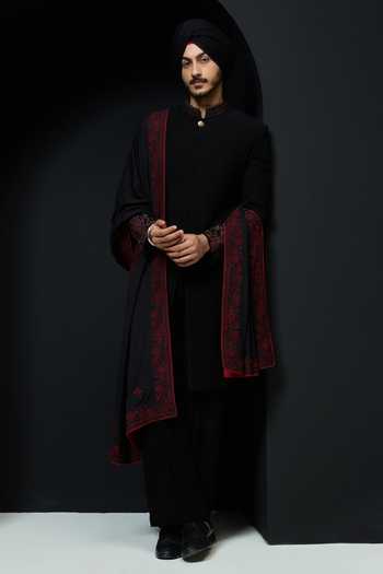 Buy_Sarab Khanijou_Black Embroidery Sandwash Sherwani Jacket Set With Shawl _at_Aza_Fashions