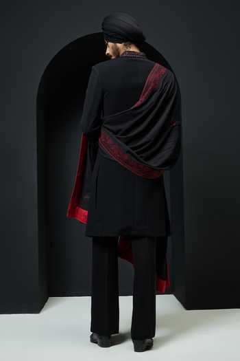 Shop_Sarab Khanijou_Black Embroidery Sandwash Sherwani Jacket Set With Shawl _at_Aza_Fashions