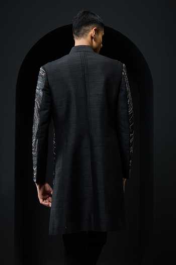 Shop_Sarab Khanijou_Black Silk Sequins, Pearls, Zari, Cut Work Raw Sherwani Jacket And Trouser Set _at_Aza_Fashions