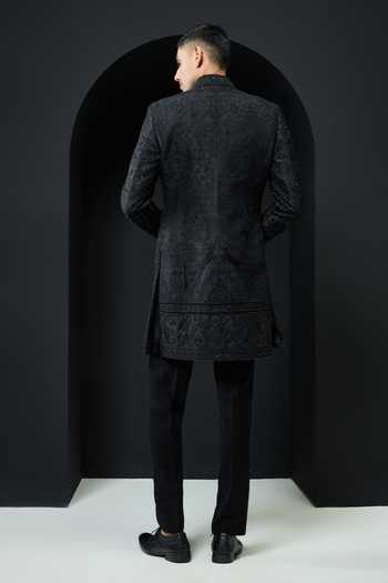 Shop_Sarab Khanijou_Black Silk Embroidery, Sequins, Pearls, Embellished Sherwani Jacket Kurta Set _at_Aza_Fashions