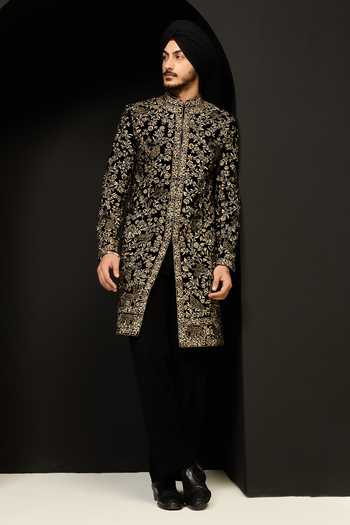 Buy_Sarab Khanijou_Black Velvet Embroidery, Sequins, Pearls, Zari, Cut Sherwani Jacket And Pant Set _at_Aza_Fashions