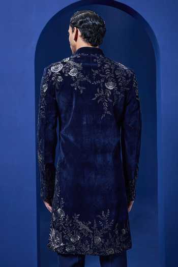 Shop_Sarab Khanijou_Navy Velvet Zari, Pearls, Cut Work, Embroidery Floral Sherwani And Pant Set _at_Aza_Fashions