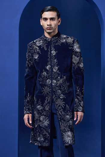 Buy_Sarab Khanijou_Navy Velvet Zari, Pearls, Cut Work, Embroidery Floral Sherwani And Pant Set _at_Aza_Fashions