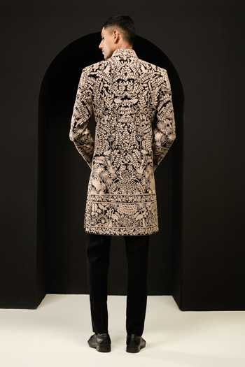 Shop_Sarab Khanijou_Black Embroidery Threadwork Sherwani And Pant Set _at_Aza_Fashions