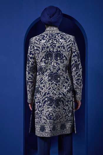 Shop_Sarab Khanijou_Navy Embroidery, Sequins, Pearls Sherwani And Pant Set _at_Aza_Fashions