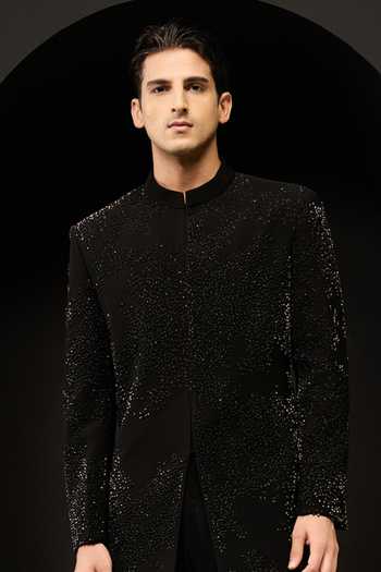 Sarab Khanijou_Black Beads, Pearls, Cut Work Cutdana Sherwani Jacket And Pant Set _Online_at_Aza_Fashions