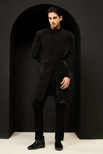 Buy_Sarab Khanijou_Black Beads, Pearls, Cut Work Cutdana Sherwani Jacket And Pant Set _Online_at_Aza_Fashions