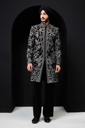 Buy_Sarab Khanijou_Black Velvet Embroidery Sherwani Jacket And Pant Set _at_Aza_Fashions