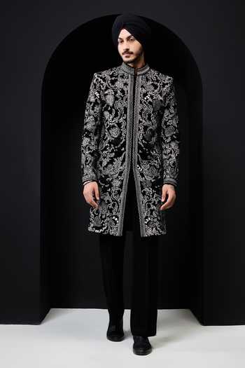 Sarab Khanijou_Black Velvet Embroidery Sherwani Jacket And Pant Set _Online_at_Aza_Fashions