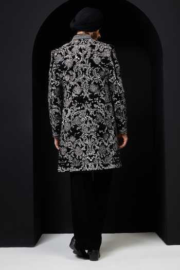 Shop_Sarab Khanijou_Black Velvet Embroidery Sherwani Jacket And Pant Set _at_Aza_Fashions