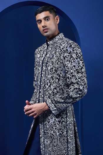 Sarab Khanijou_Navy Velvet Embroidery, Floral Vine Pattern Sherwani Jacket And Trouser Set _Online_at_Aza_Fashions